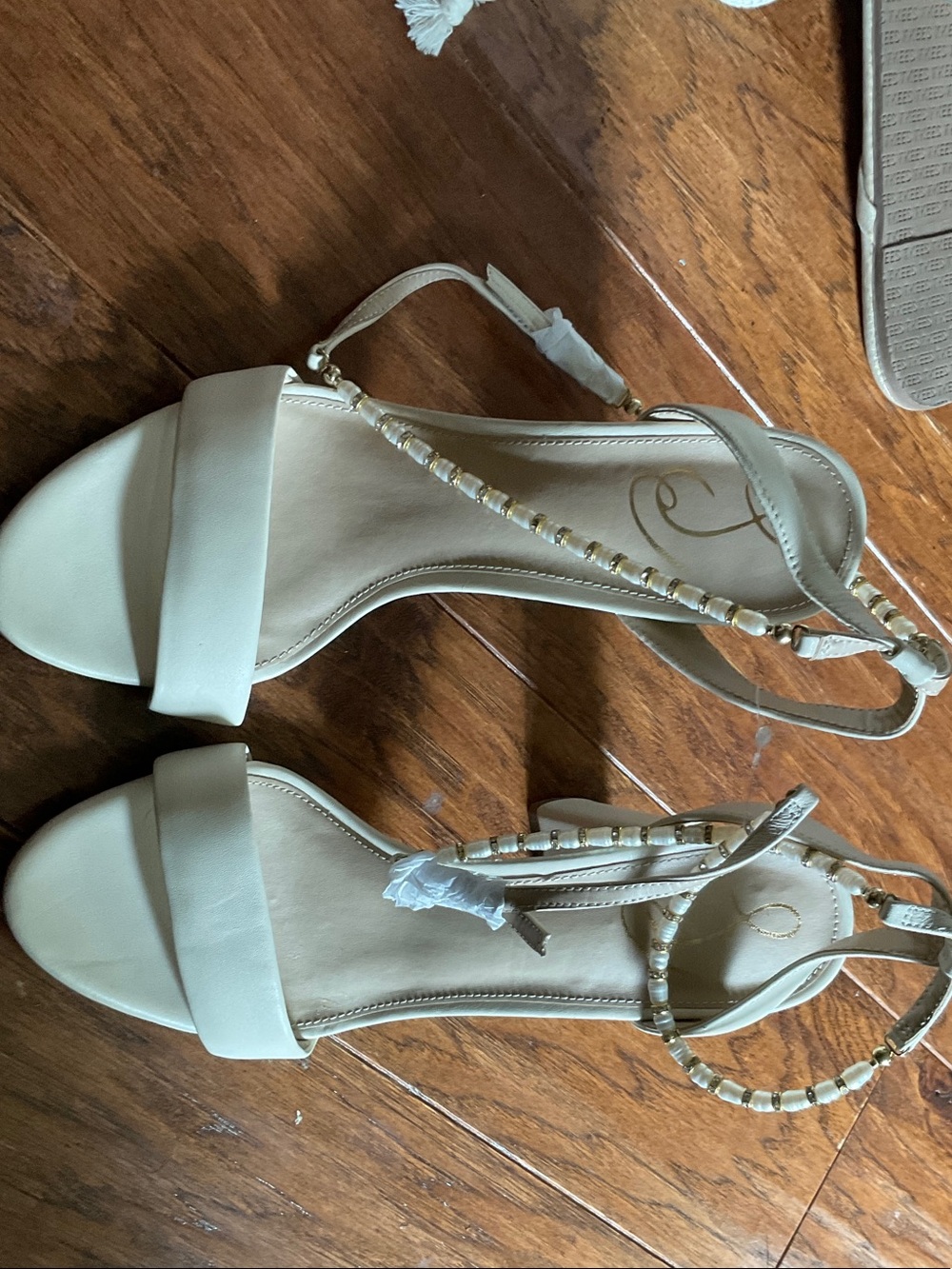 Sam Edelman Cream Beaded T-Strap Heeled Sandals
